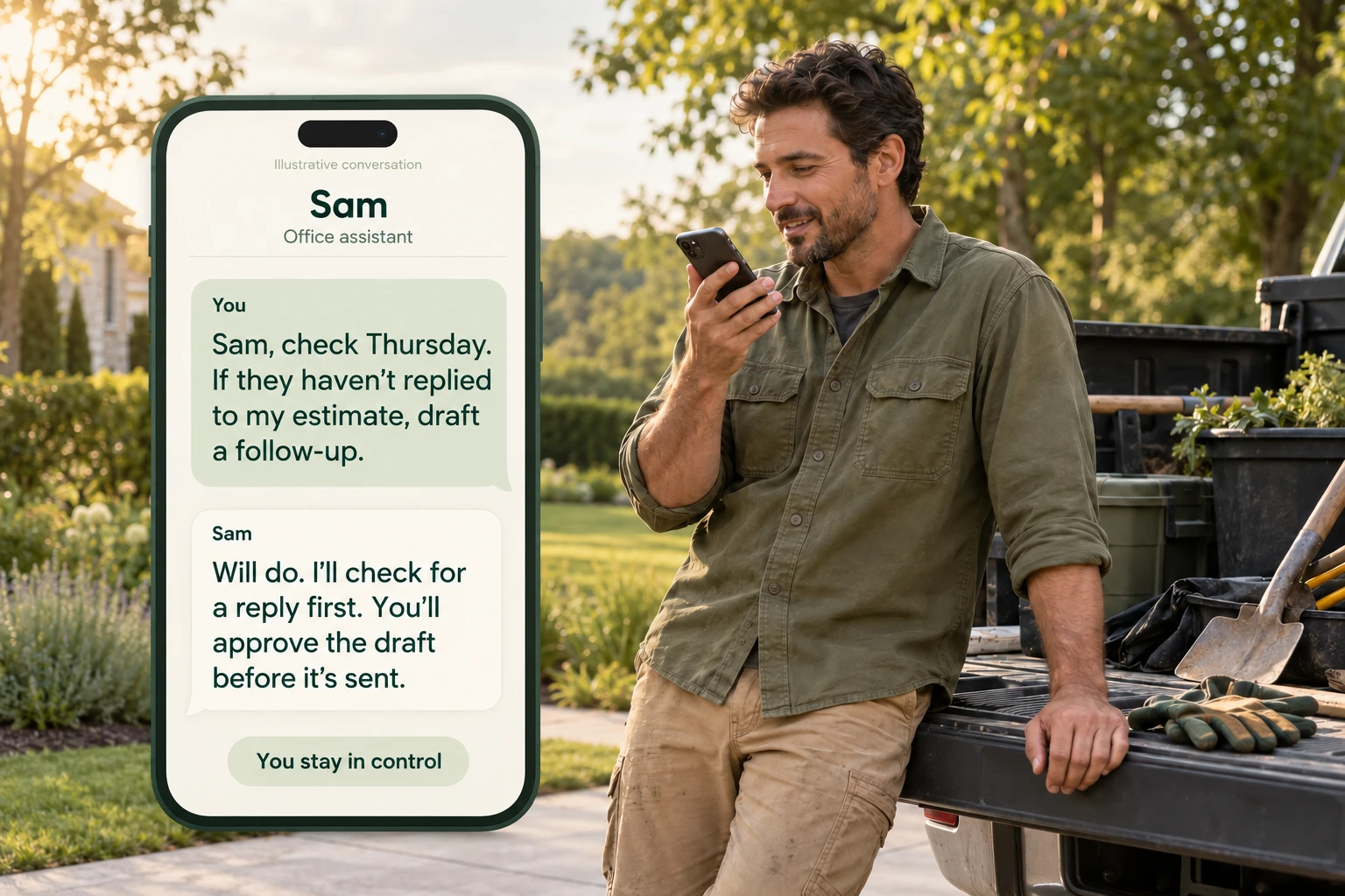 Illustration of a landscaper speaking into his phone beside his truck, with a sample conversation with Sam, his office assistant, on the left.